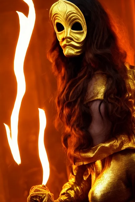 Image similar to Kat Dennings wearing golden mask, hair like fire, muscular, in dark soul