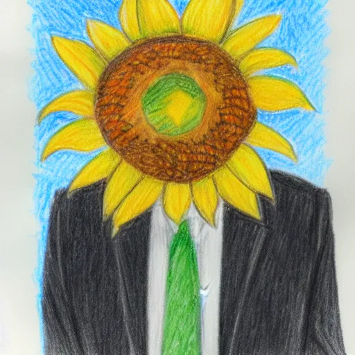 Prompt: man with a sunflower instead of a head wearing a business suit, color pencil sketch