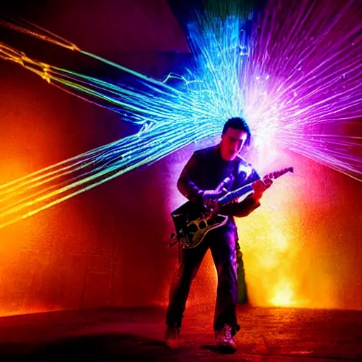 Prompt: Trent Reznor smashing a guitar on a synthesizer, dust, smoke, colored projections, ultrafine detail, cybersuit, glowing thing wires, smoke, high contrast, projections, associated press photo, masterpiece