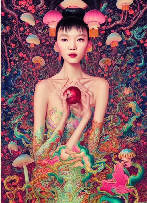 Image similar to pretty chinese model with hallucination mushroom : : by martine johanna and simon stalenhag and chie yoshii and casey weldon and wlop : : ornate, dynamic, particulate, rich colors, intricate, elegant, highly detailed, vogue, harper's bazaar art, fashion magazine, smooth, sharp focus,