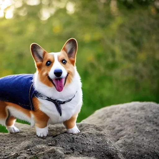 Prompt: A corgi wearing jeans. Nature photography.