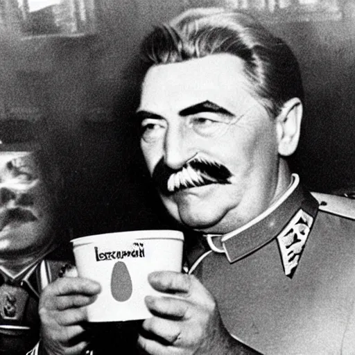 Image similar to joseph stalin enjoying a happy meal at mcdonald's