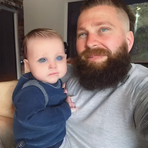 Image similar to a photo of a white man with a mid fade haircut and level 1 clipper beard that is happy with his 3 month year old baby boy and his wife who has dark hair.