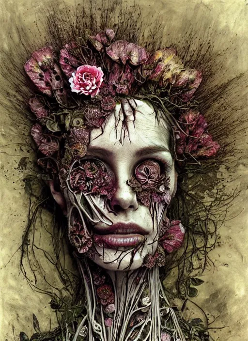 Prompt: beautiful and detailed rotten woman corpse made of fractal plants and many different types of flowers, muscles, veins, arteries, intricate, organs, ornate, surreal, john constable, guy denning, dan hillier