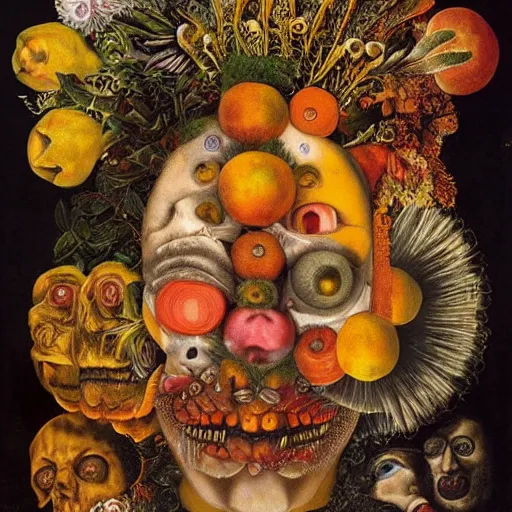 Image similar to album cover, new age, black, white, orange, psychedelic, giuseppe arcimboldo