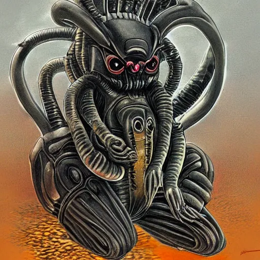 Prompt: detailed painting of a cute pilachu that looks like a xenomorph, in the style of h r giger and wayne barlowe