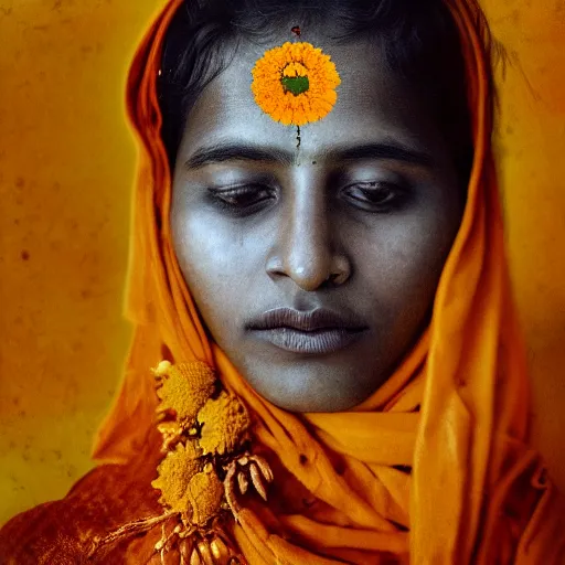 Image similar to realistic expired kodak film portrait of strange india woman cosmic mix, marigold celestial vibe, hyperrealism, hypermaxiymalism, photorealistic, detailed, atmospheric, 8 k, award winning photography, cinematic