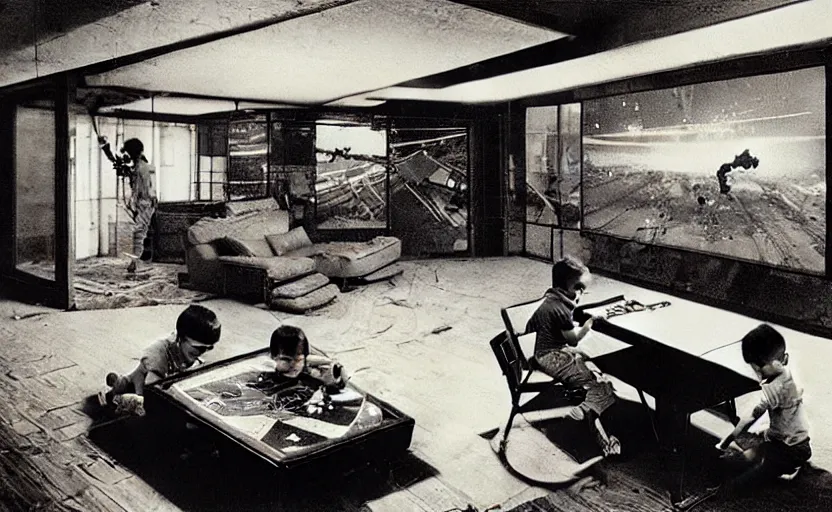 Prompt: two boys playing game at a spacious gaming room, hi - tech gaming setup, highly detailed interior, bauhaus, illustration, art by john berkey