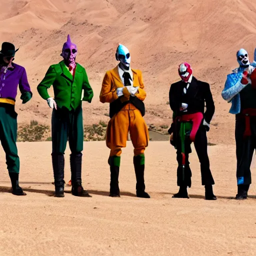 Image similar to a crowd of jokers from joker (2019) standing next to each other with their hands clasped below their belts in the desert, 8k, cinematic, dslr,