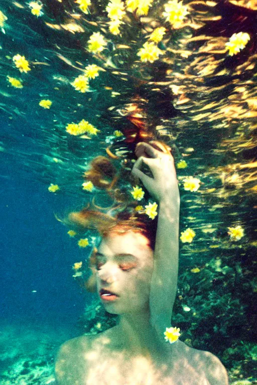 Image similar to film still, underwater view of young woman face with flowers from behind , 35mm