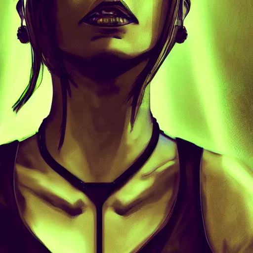 Image similar to headshot digital artwork of cyberpunk woman wearing thick black choker around neck, collar on neck, realistic, artstation, punk woman, cyberpunk style, neon,