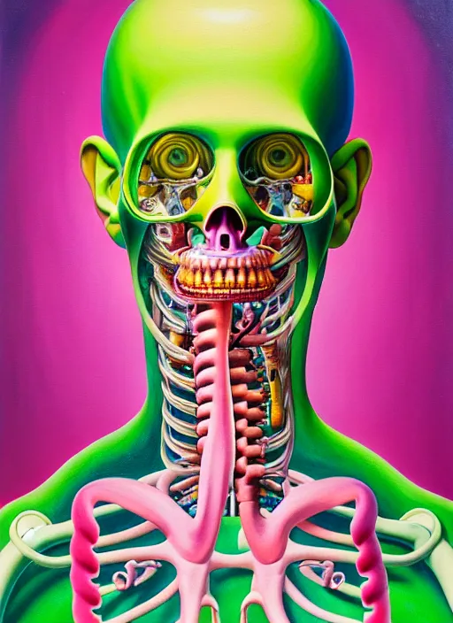 Image similar to a beautiful and highly detailed painting of an anatomical portrait wearing overalls, inside a grand room lined with paintings, emotionally expressive, oil painting, soft light, pink and green olour palette, cinematic composition, cinematic lighting, sharp focus, masterpiece by shusei nagaoka kaws, david rudnick, airbrush on canvas, pastell colors, cell shaded 8 k