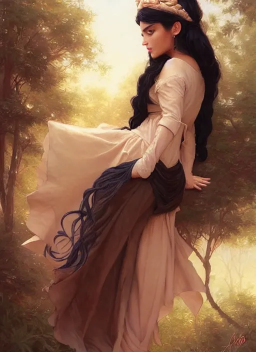 Prompt: beautiful woman with long black hair, tan skin, curvy hourglass figure, round face, slight resemblance to ameera altaweel wearing a frilly disney princess dress and a mickey mouse ears headband. beautiful painting by artgerm and greg rutkowski lois van baarle and bouguereau