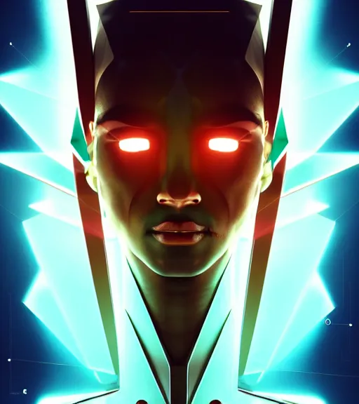 Image similar to symmetry!! egyptian god of technology, solid cube of light, hard edges, product render retro - futuristic poster scifi, lasers and neon circuits, brown skin handsome egyptian god, intricate, elegant, highly detailed, digital painting, artstation, concept art, smooth, sharp focus, illustration, dreamlike, art by artgerm