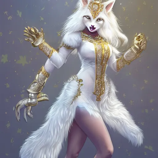 Image similar to commissioned full body portrait of a female anthro furry wolf princess fursona with a feminine wolf head with white hair wearing a white and gold armored dress in a white and gold palace, by Wlop and jerry park, artstation, extremely detailed