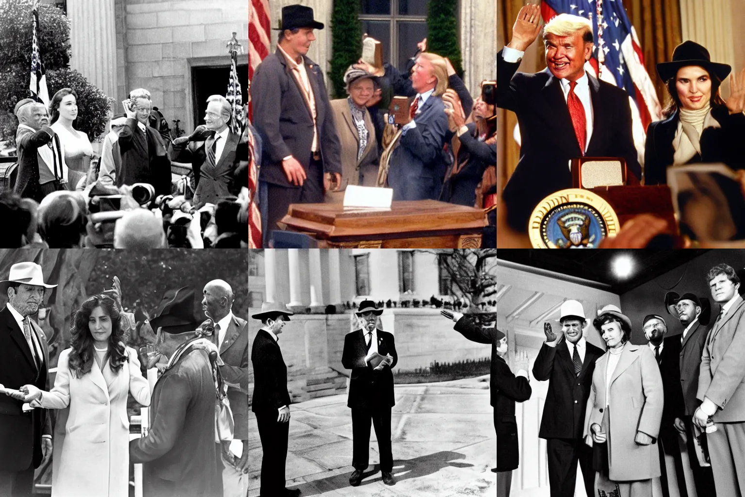 Prompt: Indiana Jones is sworn in as the President of the United States, press corps photograph