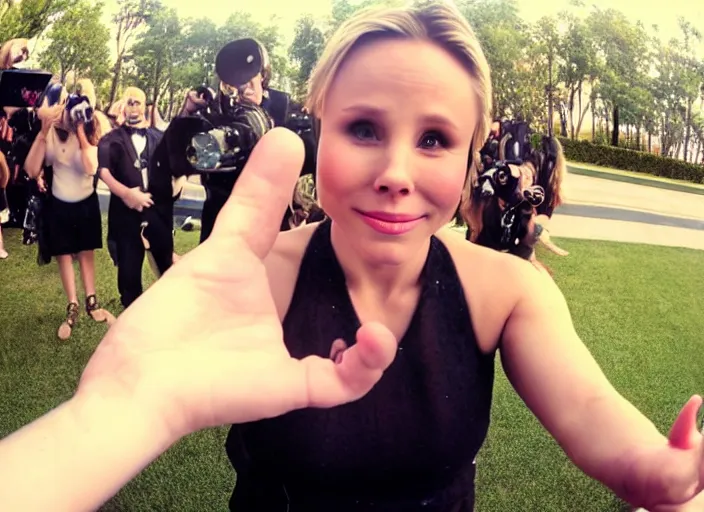 Image similar to gopro footage, photograph of my hand touching kristen bell's fat chubby belly, her belly is fat and round, 8 k, sharp, detailed
