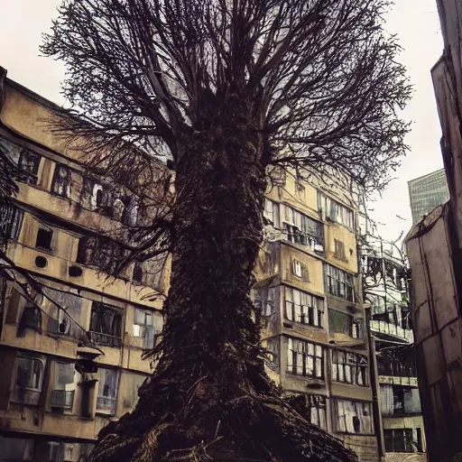 Prompt: a cyberpunk tree in the middle of a medieval city