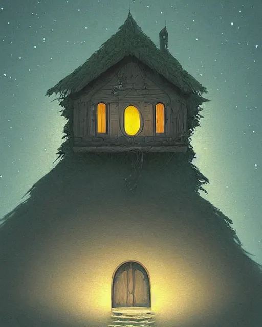 Prompt: beautiful painting of a serene moon at night over a elven house, art by mike winkelmann, sky night, illustration, highly detailed, simple, smooth and clean vector curves, no jagged lines, vector art, smooth, artstation