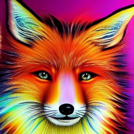 Prompt: luminescent colorful detailed airbrush painting of long haired fox