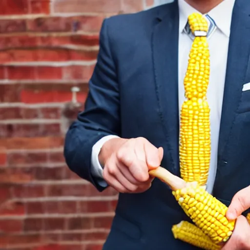 Prompt: man wearing a suit hitting a corn cob with as shovel