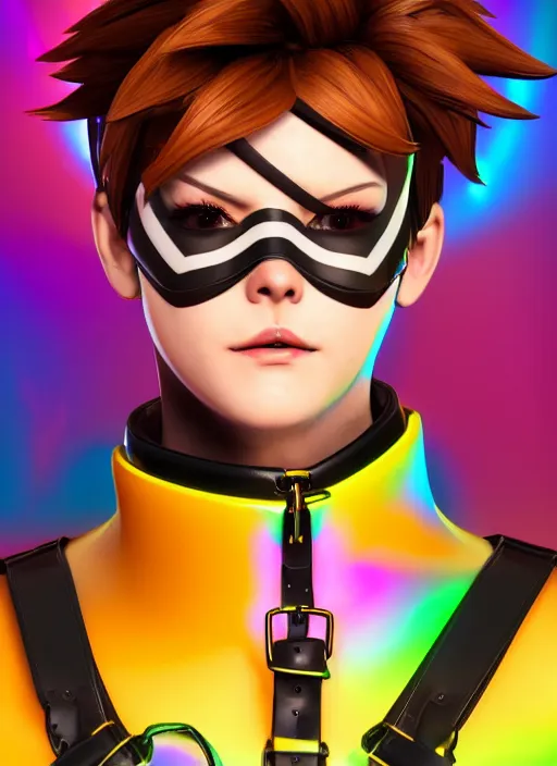 Image similar to portrait bust digital artwork of tracer overwatch, wearing iridescent rainbow latex and leather straps catsuit outfit, 4 k, expressive happy face, makeup, in style of mark arian, angel wings, wearing detailed leather collar, chains, black leather harness, detailed face and eyes,