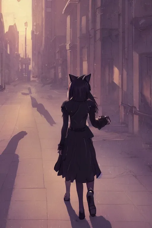 Prompt: a woman with cat ears in a black dress and thigh highs walking in a dark soviet city, digital illustration, beautiful face, volumetric, by makoto shinkai, by yoshitaka amano, by greg rutkowski, by dan mumford, highly detailed, composition, 4 k, forward facing pose, detailed street, photorealism, octane render