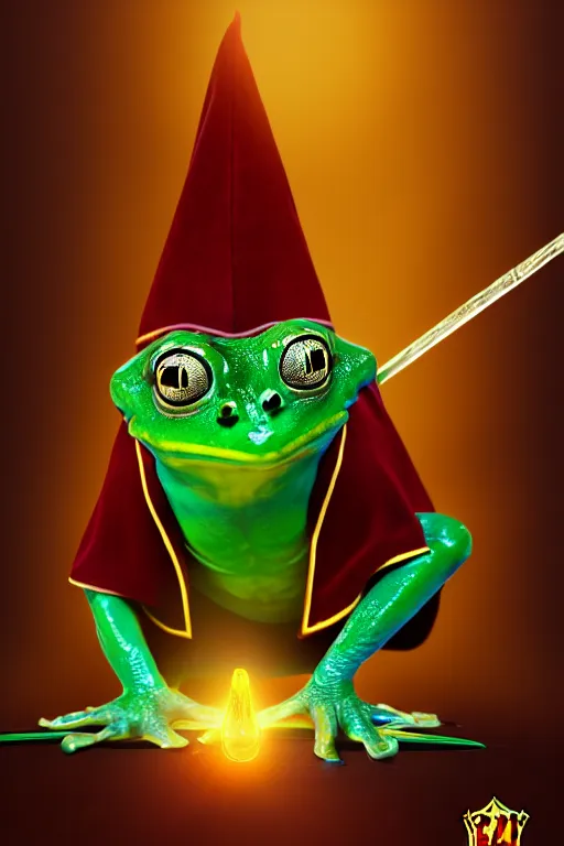 Prompt: harry potter frog mage in a gryffindor form, magic wand, in hogwarts, high details, volume light, best composition, 4 k