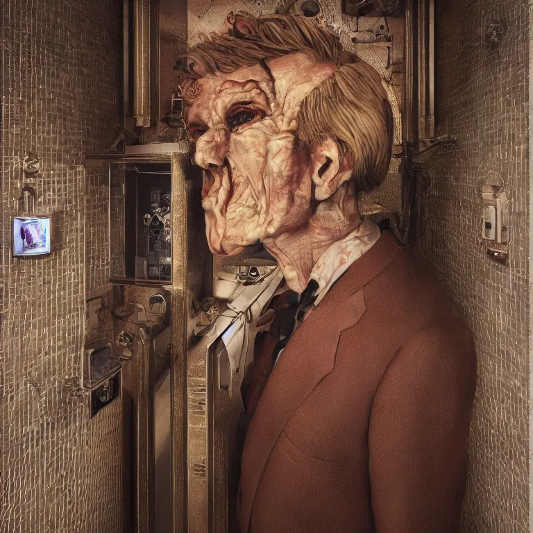 Image similar to low angle octane render portrait by wayne barlow and carlo crivelli and glenn fabry, a creepy nearly human strange looking sinister man in a bright saturated wes anderson elevator operator costume inside a dark and moody vintage elevator in a high - end boutique hotel, very short depth of field, bokeh