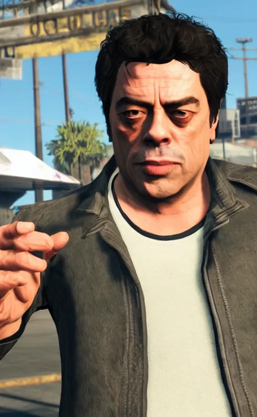 Prompt: benicio del toro as a loading screen character in gta v