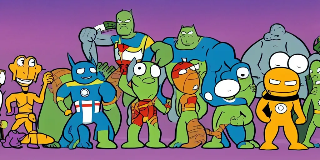 Prompt: the snorks in the avengers, animation, hanna barbera style