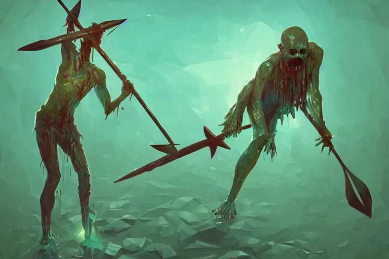 Image similar to low poly painting by greg rutkowski of a drowned zombie holding a trident with glowing cyan eyes, wearing ragged clothing, holding a trident, underwater, pastel green and blue color palette