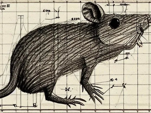 Image similar to highly detailed blueprint, technical drawing of a rat, schematic, pencil, sepia, old paper, art by da vinci