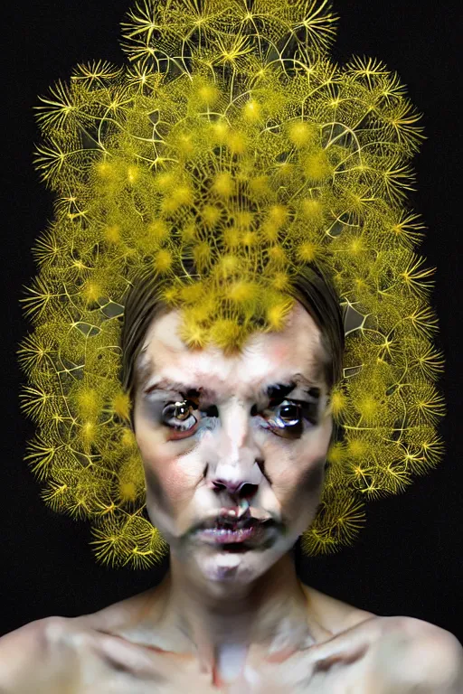 Prompt: intricate hyper detailed ultra sharp 3 d render of a witch profile portrait, 1 5 0 mm art nouveau, haute couture alexander mcqueen leaves stems, unsplash model transparent fractal dandelion yellow pistil filigree roots, intricate details, human face, facial features, elegant, hyper realistic, ultra detailed, octane render, volumetric cinematic lighting, 8 k post - production