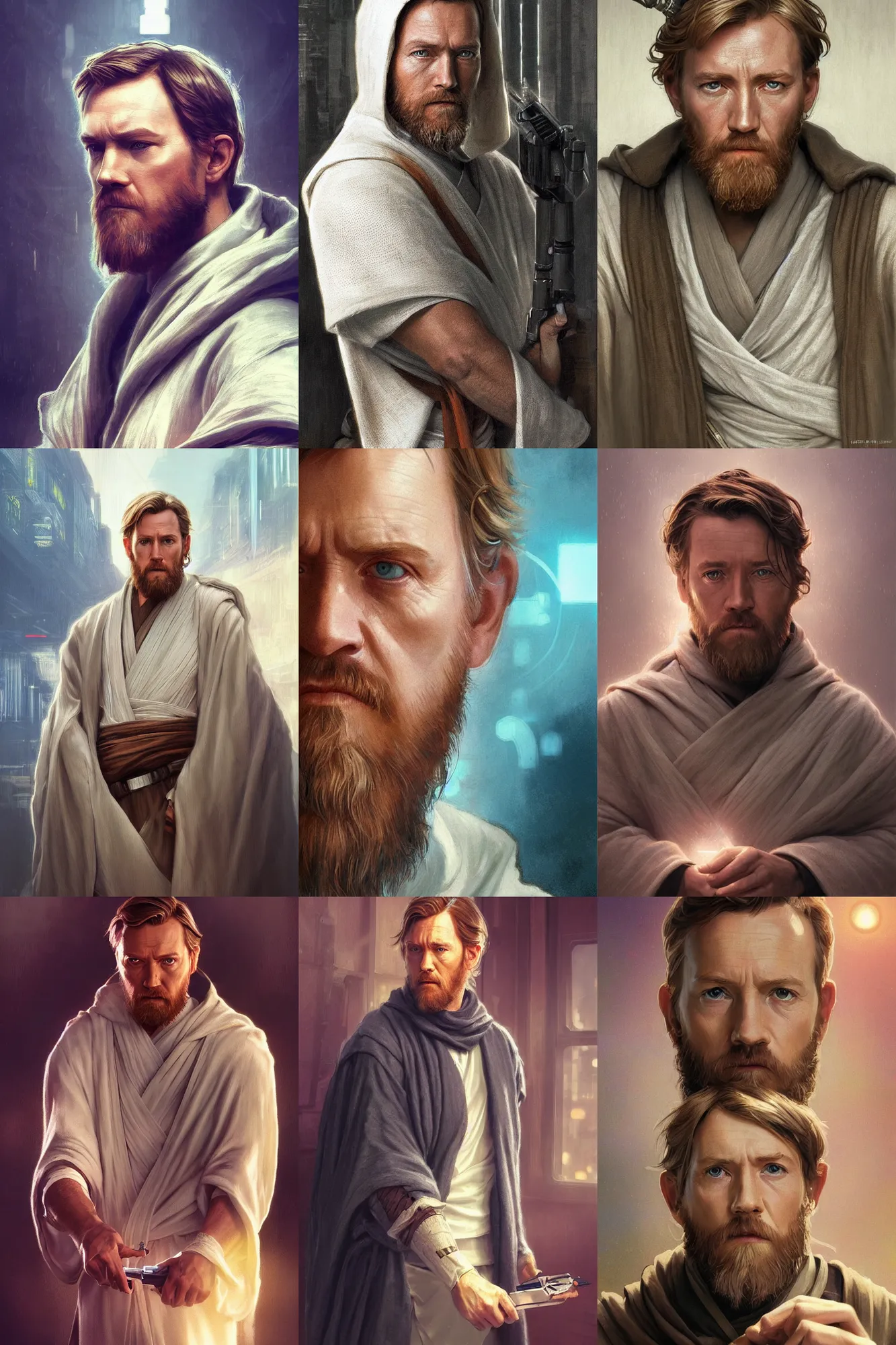 Prompt: photorealistic portrait photograph of obi wan kenobi as a hacker, cloved outfit, handsome, depth of field, soft focus, highly detailed, intricate, vogue cover, soft glow, textured, artstation, concept art, sharp focus, illustration, art by artgerm and greg rutkowski and alphonse mucha