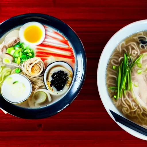 Image similar to A top view of a tonkotsu ramen next to a window on a rainy day