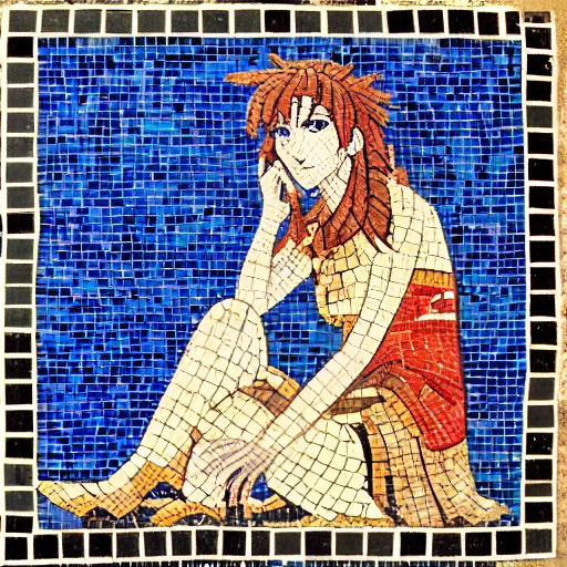 Image similar to ancient Roman tile mosaic depicting cyberpunk anime girl