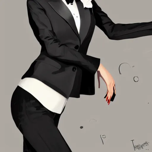 Prompt: slim girl in tuxedo with short black hair, elegant, 2d, ultra highly detailed, digital painting, smooth, sharp focus, artstation, portrait art by Ilya Kuvshinov