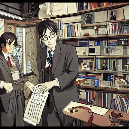 Image similar to inside the workshop with alan turing cracking the enigma with the help of albert einstein, anime, manga style,