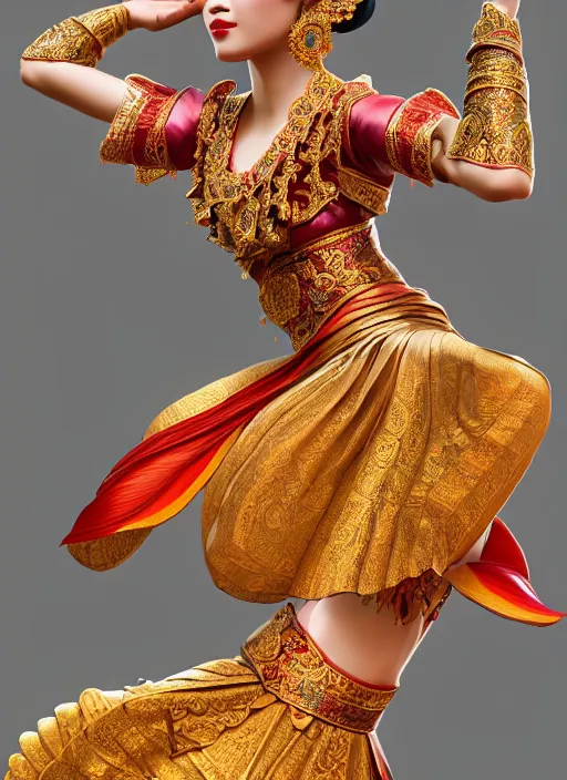 Image similar to javanese traditional dance, surealism, aesthetic, shiny, fantasy, intricate, elegant, extremely higly detailed, digital painting, artstation, face perfect, baroque, body perfect, concept art, octane render, cycles render, smooth, sharp focus, full body focus, illustration, digital painting, art by artgerm and greg rutkowski and alphonse mucha