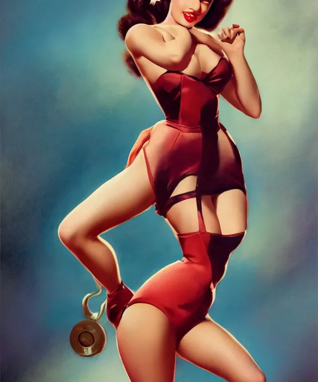 Image similar to epic full body portrait of Ariana Grande pinup style by Gil Elvgren, standing up, elegant, digital painting, trends on artstation, concept art