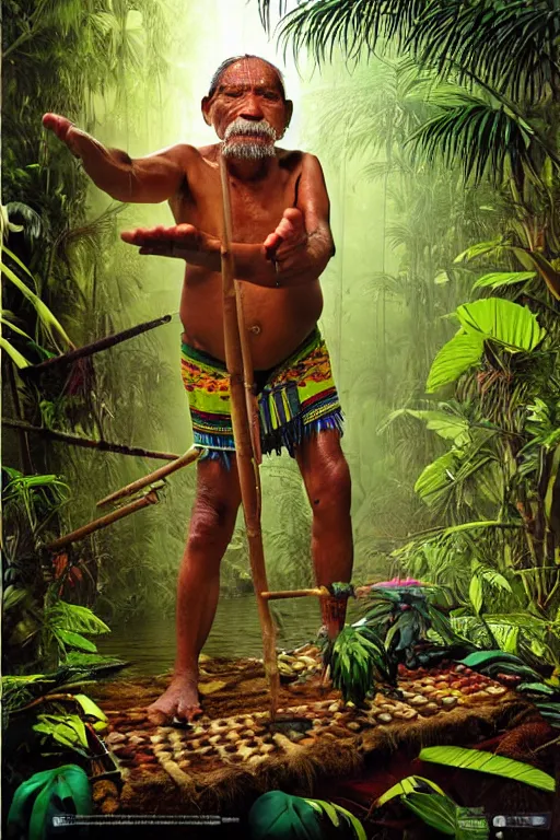 Prompt: an indigenous ecuadorian huaorani old man playing with a ableton push in the jungle, wet floor, poster art by daniele caruso, benediktus budi, jason edmiston, vc johnson, powell peralta, volumetric light, fog