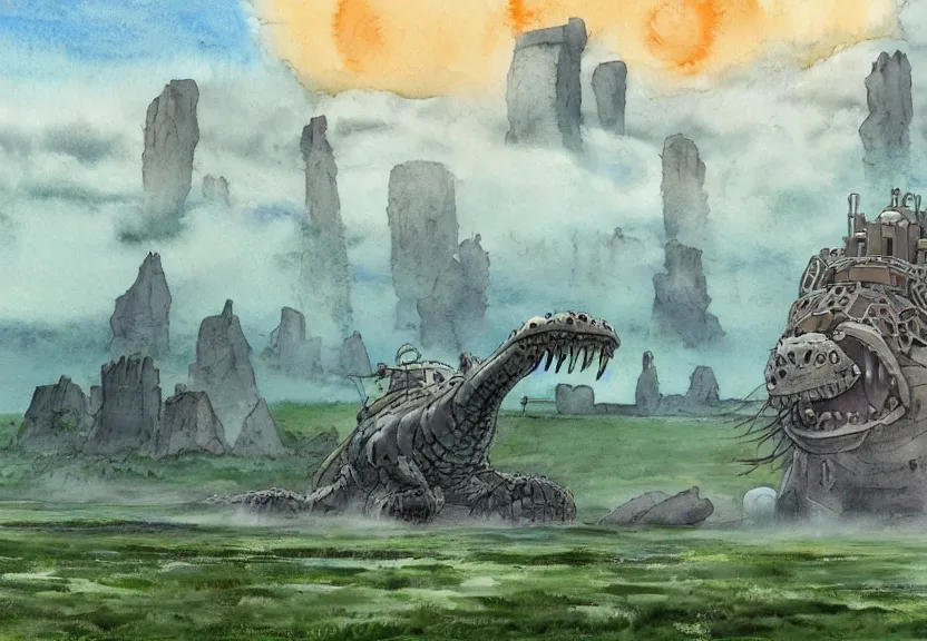 Image similar to a hyperrealist watercolor concept art from a studio ghibli film showing a giant grey mechanized crocodile from howl's moving castle ( 2 0 0 4 ). stonehenge is under construction in the background, in the rainforest on a misty and starry night. by studio ghibli. very dull muted colors