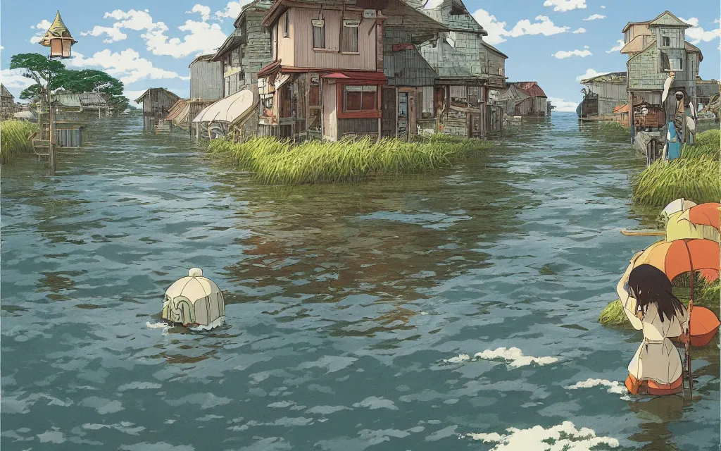 Prompt: The Ocean is rising to submerge an cute rural town. Beautiful painting by Studio Ghibli, Micheal Whelan, and J.R.R. 4K HD Wallpaper. Premium Prints Available
