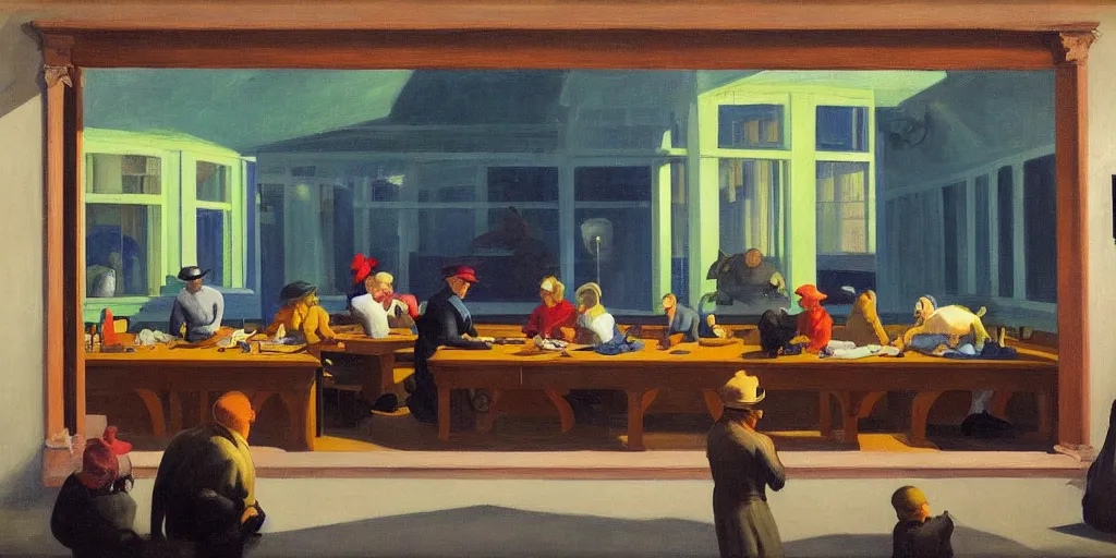 Image similar to painting, view from inside edward hopper's painting nighthawks, of a group of werebears robbing a bank, by magrirre, by neo rauch