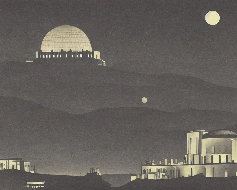 Image similar to achingly beautiful print of the Griffith Observatory bathed in moonlight by Hasui Kawase and Lyonel Feininger.