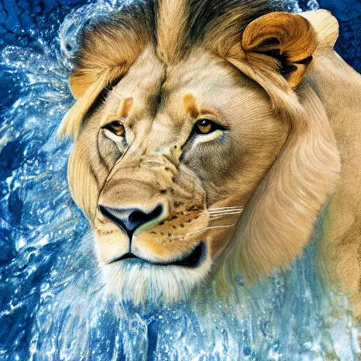 Image similar to a male lion's face breaching through a wall of water, water sprites, splashing, deep blue water color, highly detailed