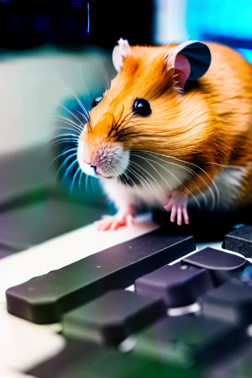 Prompt: a hamster using a gaming pc, 8 k, award winning photograph, portrait, detailed face, highly - detailed