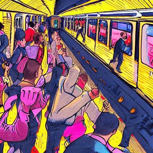 Image similar to an illustration of people fight in new york city subway, hyper detailed, hd, 8 k, colorful,