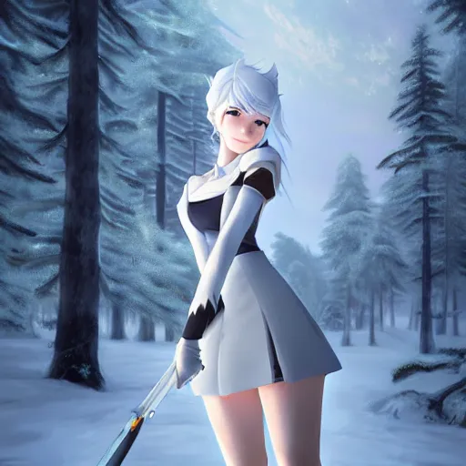 Prompt: realistic render of weiss schnee from rwby by ross draws, snowy forest background by ilya kuvshinov, digital anime art by ross tran, composition by sana takeda, lighting by greg rutkowski